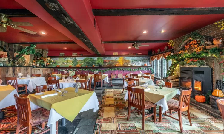 Restaurant dining area with fireplace