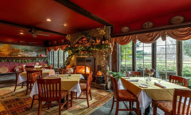 Restaurant dining area with fireplace