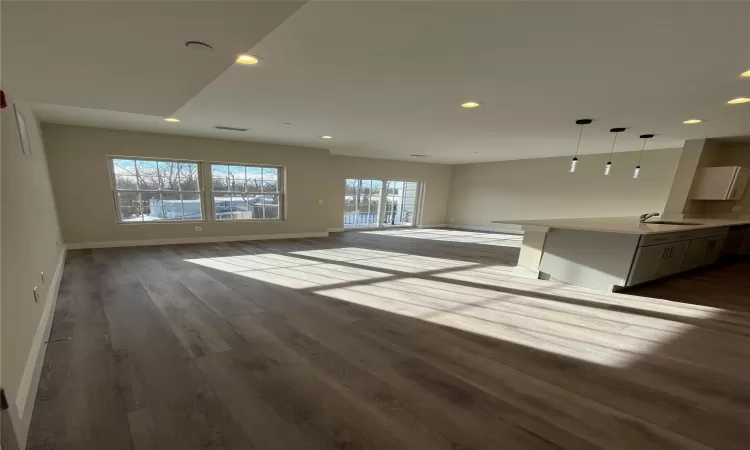 Unfurnished living room featuring sink and dark wood-type flooring