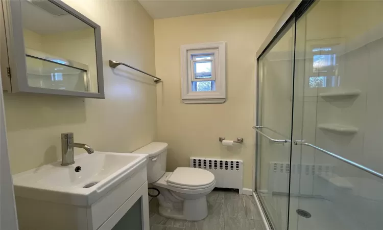 Bathroom with vanity, toilet, a shower with shower door, and radiator