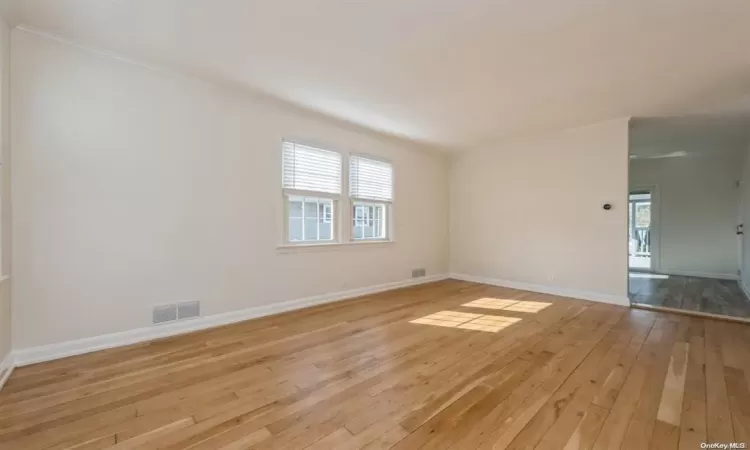 Spare room with light wood-type flooring, plenty of natural light, and crown molding