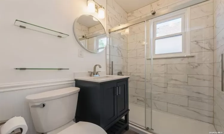 Bathroom with plenty of natural light, vanity, a shower with shower door, and toilet