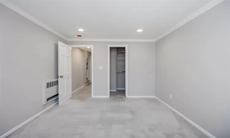 Unfurnished bedroom with a spacious closet, radiator heating unit, light colored carpet, a closet, and ornamental molding