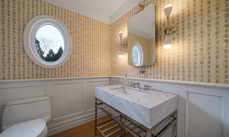 Bathroom with hardwood / wood-style flooring, toilet, ornamental molding, and sink