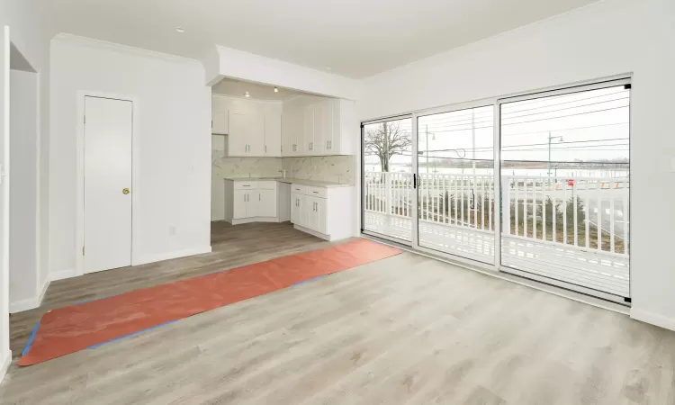 Unfurnished living room with crown molding and light wood-type flooring