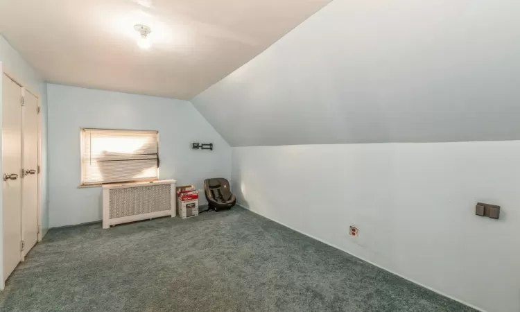 Bonus room featuring carpet flooring, radiator, and vaulted ceiling