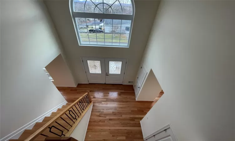 Foyer with a healthy amount of sunlight, french doors, a high ceiling, and light hardwood / wood-style flooring