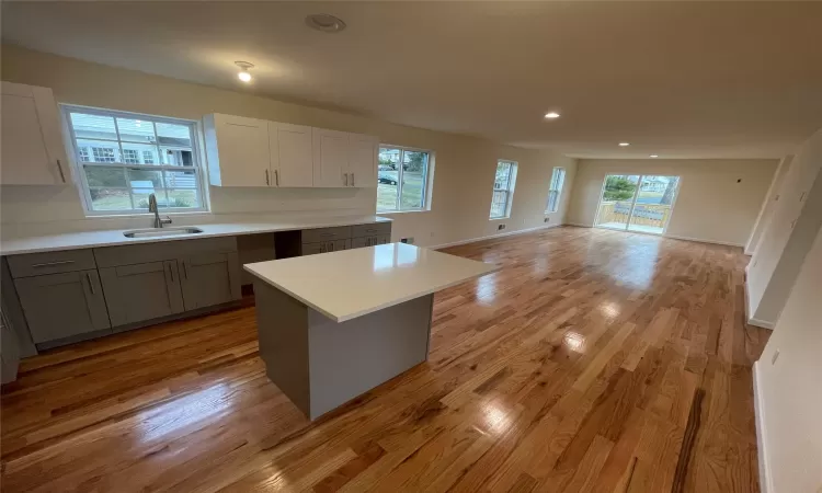 Kitchen with white cabinetry, sink, a center island, light hardwood / wood-style floors, and gray cabinets