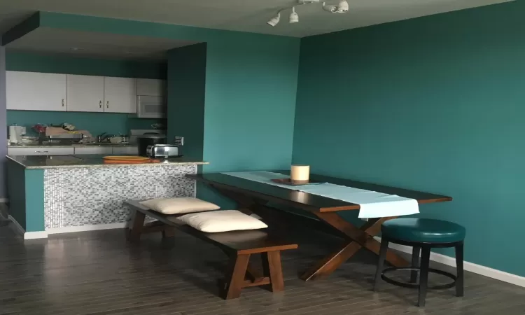 Dining room with sink and dark hardwood / wood-style floors