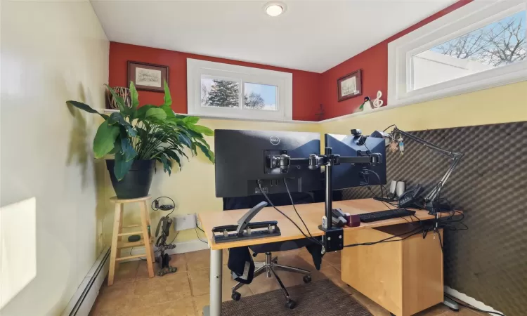 Basement with separate washer and dryer and carpet