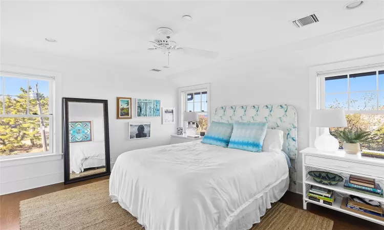 Bedroom featuring ceiling fan, dark wood-type flooring, and multiple windows