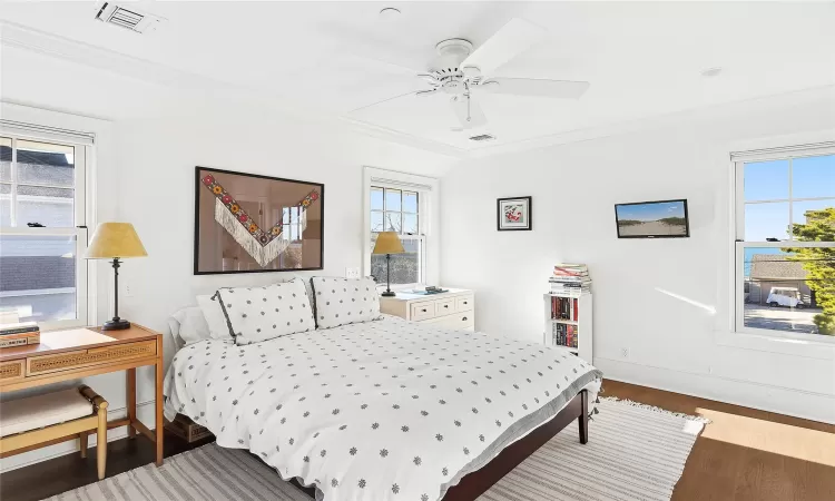 Bedroom featuring dark hardwood / wood-style floors, ceiling fan, and crown molding