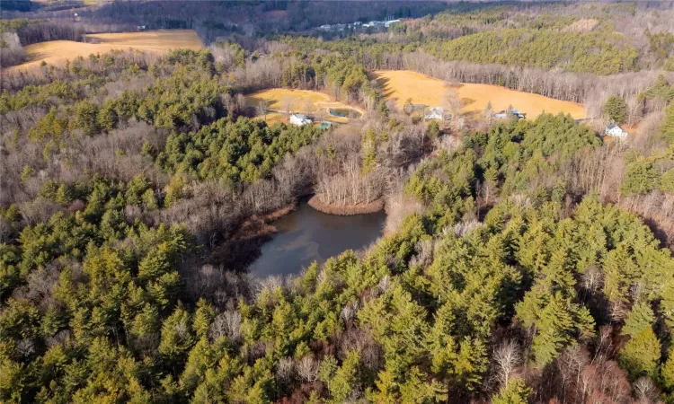 Birds eye view of property with a water view