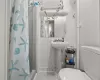 Bathroom featuring sink, toilet, and walk in shower