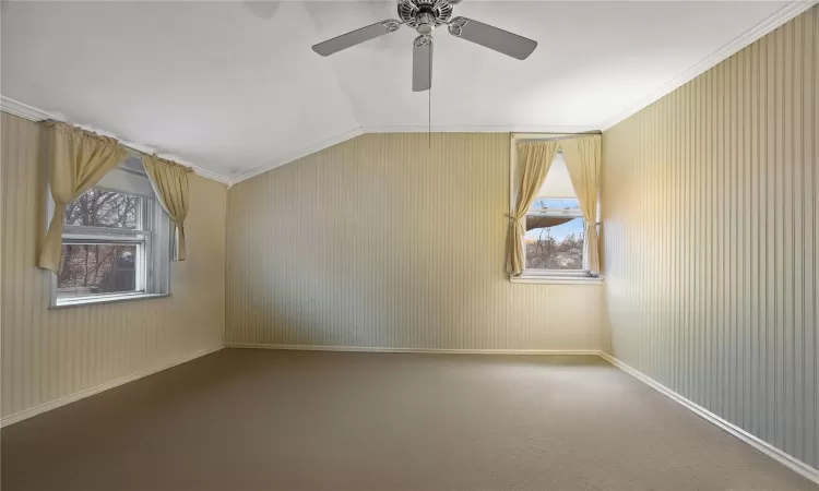 Additional living space with ceiling fan, lofted ceiling, and carpet floors