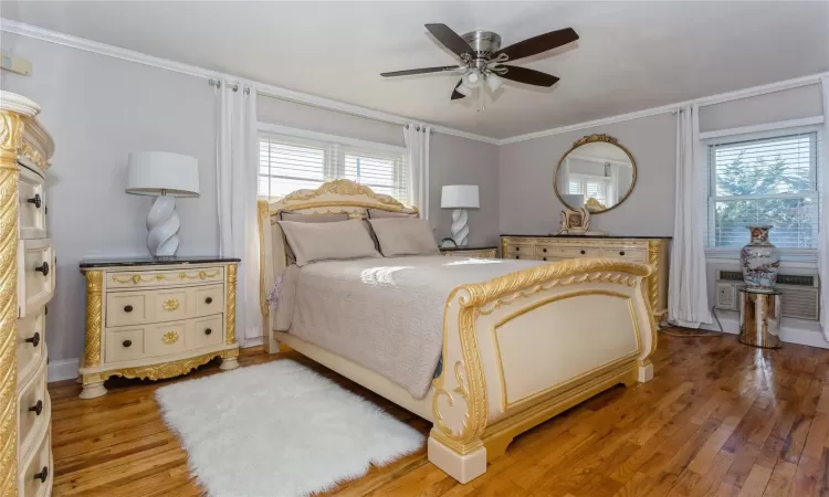 Bedroom featuring multiple windows, wood-type flooring, ceiling fan, and ornamental molding