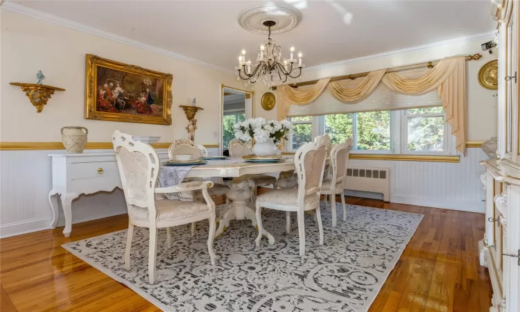 Dining space with dark hardwood / wood-style flooring, an inviting chandelier, radiator, and crown molding