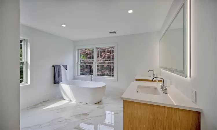 Bathroom with vanity and a bath