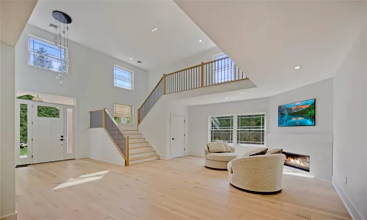 Foyer entrance with a towering ceiling and light wood-type flooring