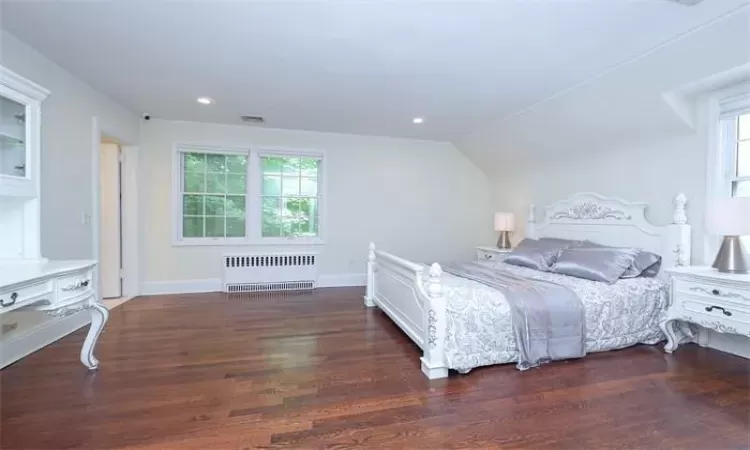 Bedroom featuring vaulted ceiling, radiator, dark hardwood / wood-style floors, and multiple windows