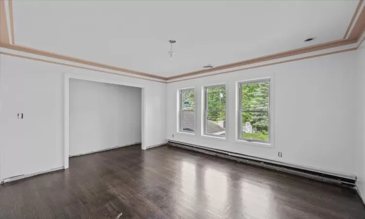 Unfurnished room with a baseboard radiator, dark hardwood / wood-style floors, and ornamental molding