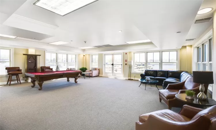 Game room with carpet flooring, a raised ceiling, crown molding, and pool table