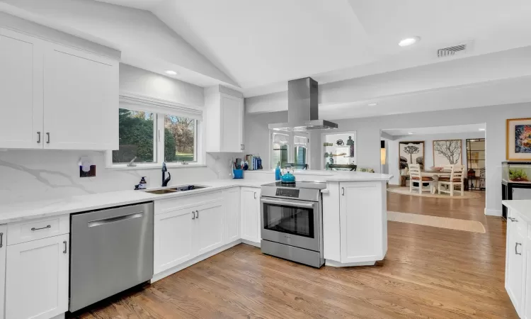 Kitchen with appliances with stainless steel finishes, light wood-type flooring, sink, lofted ceiling, and range hood