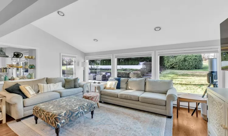 Living room featuring lofted ceiling and light wood-type flooring