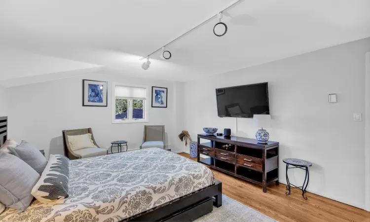 Bedroom with rail lighting and light hardwood / wood-style flooring