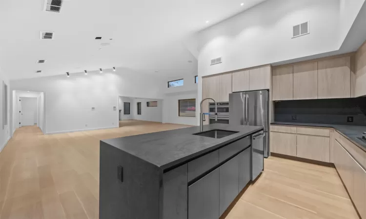 Kitchen featuring light brown cabinetry, light wood-type flooring, stainless steel appliances, sink, and a center island with sink