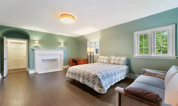 Bedroom featuring dark hardwood / wood-style floors and lofted ceiling