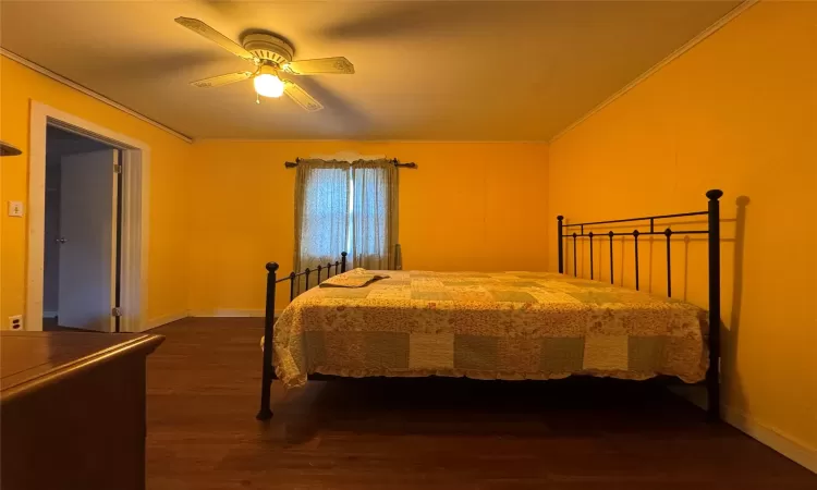 Bedroom featuring ceiling fan, dark hardwood / wood-style flooring, and ornamental molding