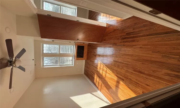 Spare room with dark hardwood / wood-style flooring, plenty of natural light, and ceiling fan