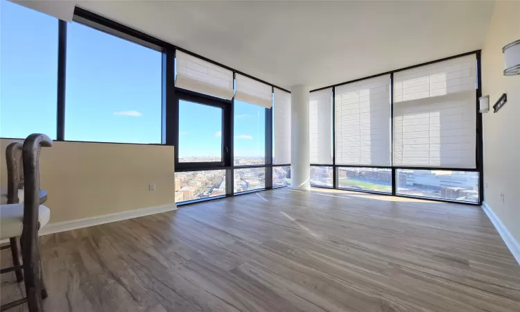 Spare room with hardwood / wood-style floors and a wall of windows