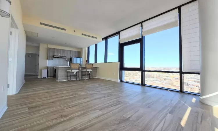 Unfurnished living room with floor to ceiling windows, a wealth of natural light, and light wood-type flooring