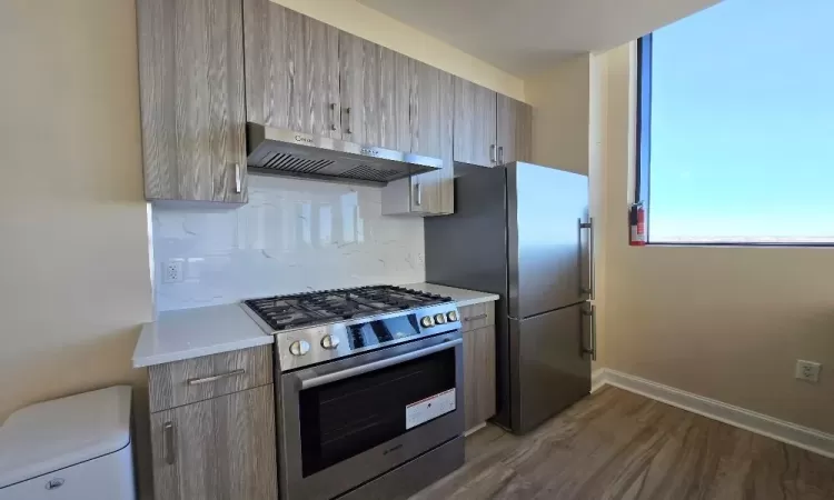 Kitchen featuring dark hardwood / wood-style flooring, stainless steel appliances, extractor fan, and tasteful backsplash