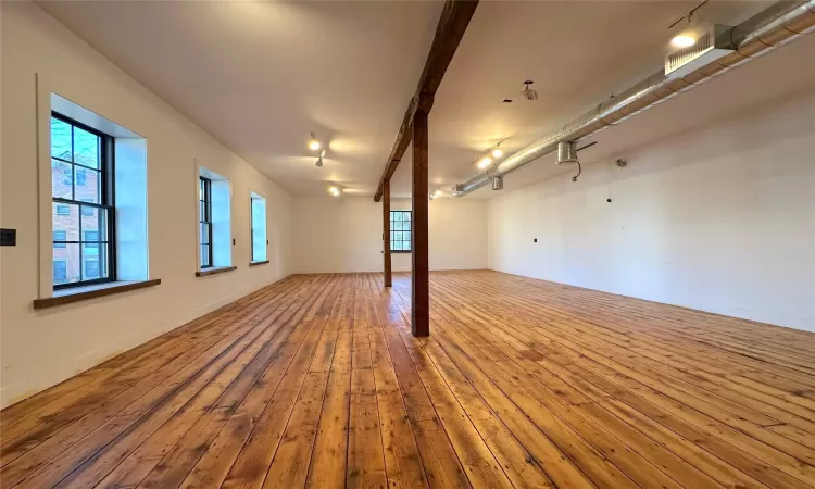 Spare room featuring a wealth of natural light, track lighting, and hardwood / wood-style flooring