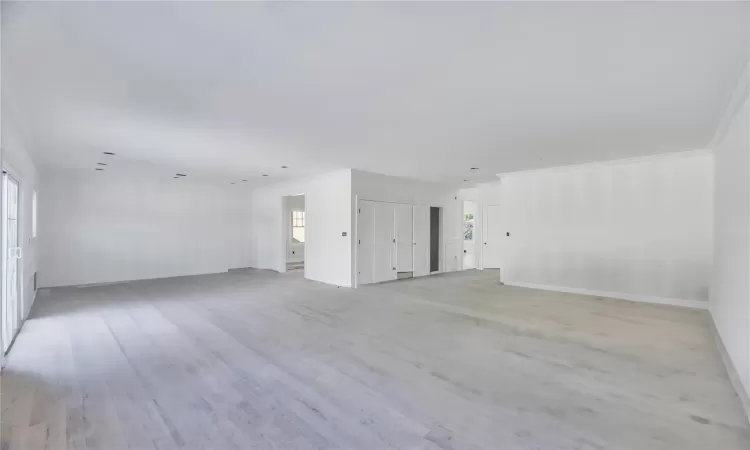 Empty room featuring ornamental molding and light wood-type flooring