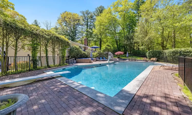 View of swimming pool featuring a diving board and a patio area