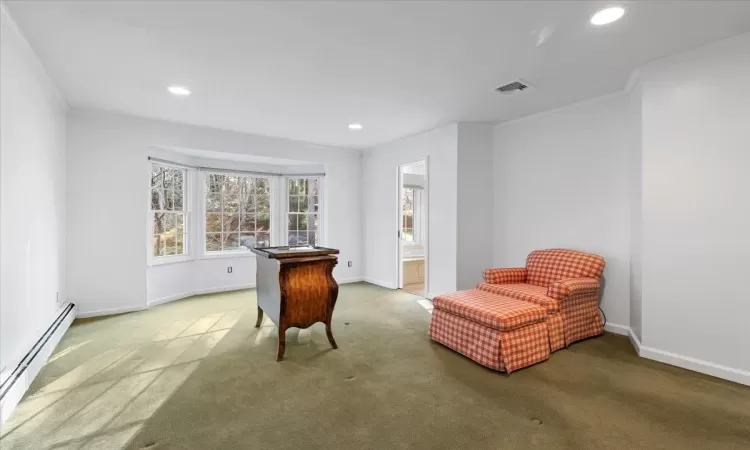 Living area featuring light carpet, baseboard heating, and ornamental molding