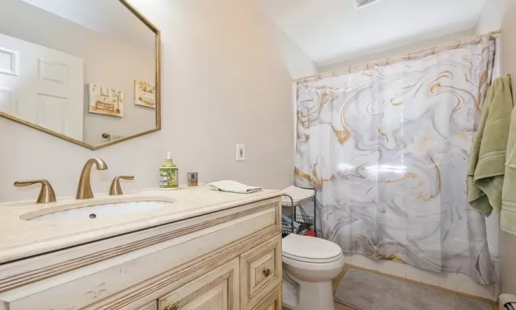 Bathroom with vanity, toilet, and walk in shower