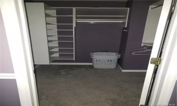 master bed Spacious closet with dark colored carpet