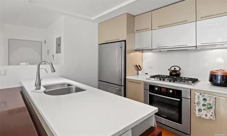 Kitchen with sink, stainless steel appliances, electric panel, cream cabinets, and exhaust hood