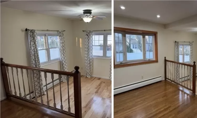 Stairway featuring baseboard heating, ceiling fan, and hardwood / wood-style floors