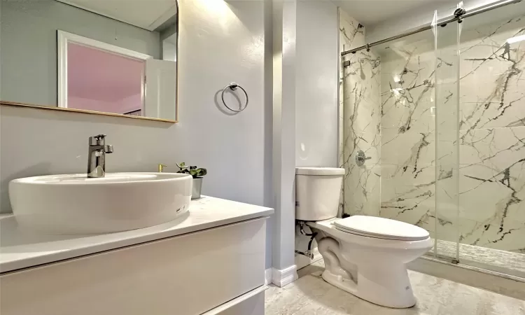 Bathroom featuring a shower with door, vanity, and toilet