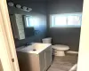 Bathroom with vanity, toilet, and wood-type flooring