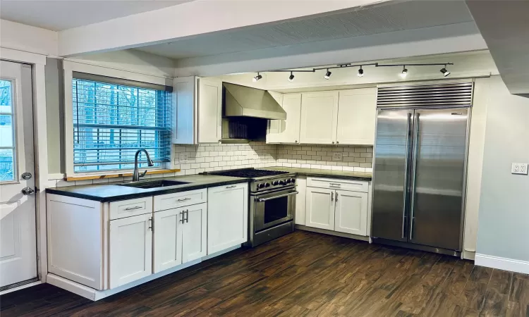 Kitchen with white cabinetry, sink, dark wood-type flooring, premium appliances, and exhaust hood