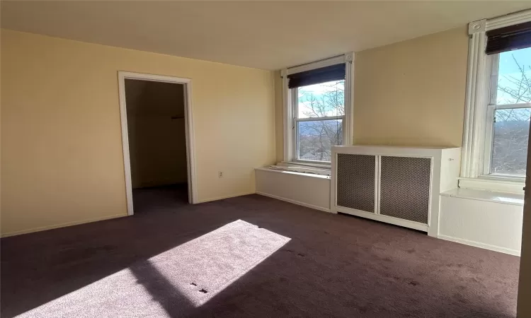 Carpeted empty room featuring radiator heating unit