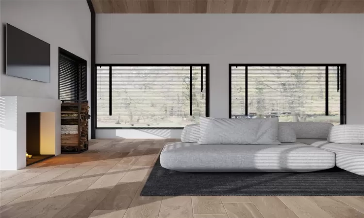 Living room featuring light hardwood / wood-style flooring and wood ceiling