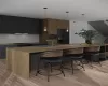 Kitchen featuring pendant lighting, a kitchen bar, sink, light hardwood / wood-style flooring, and black fridge with ice dispenser